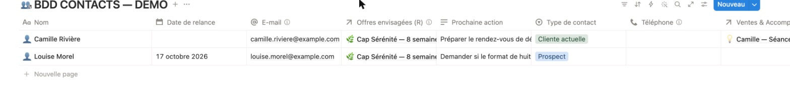 Vue tableau des contacts à recontacter dans Notion — colonnes Nom, Date de relance, E-mail, Offres envisagées, Prochaine action