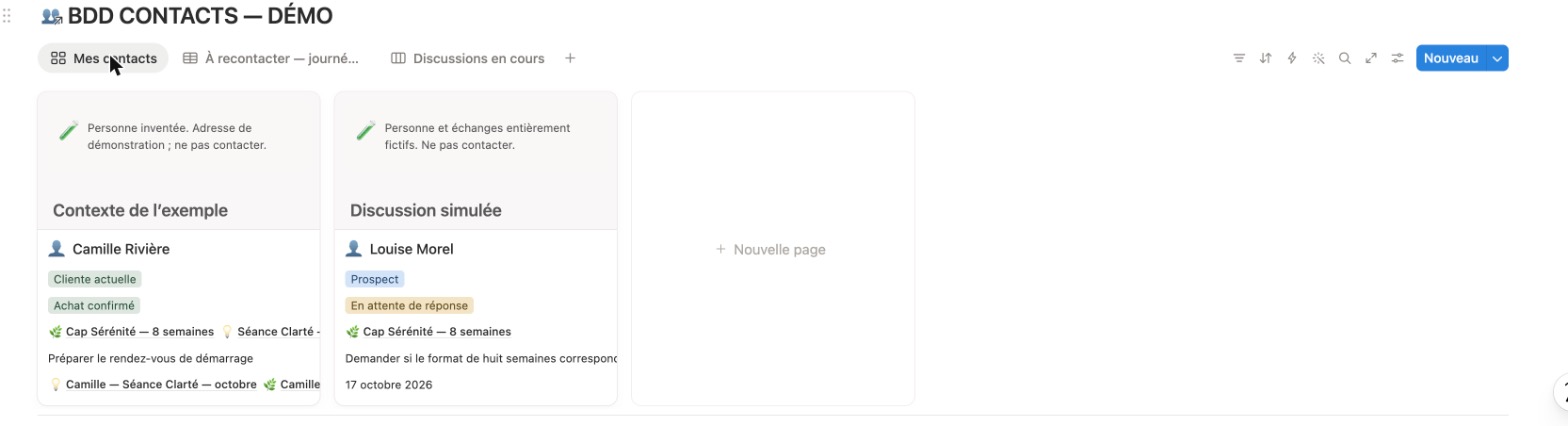 Vue galerie de la base contacts dans Notion — deux fiches contact avec étape commerciale, offres envisagées et prochaine action